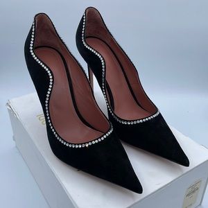 Amina Muaddi Romy Crystal Embellished Black Suede Leather Pumps Heels Size 40.5